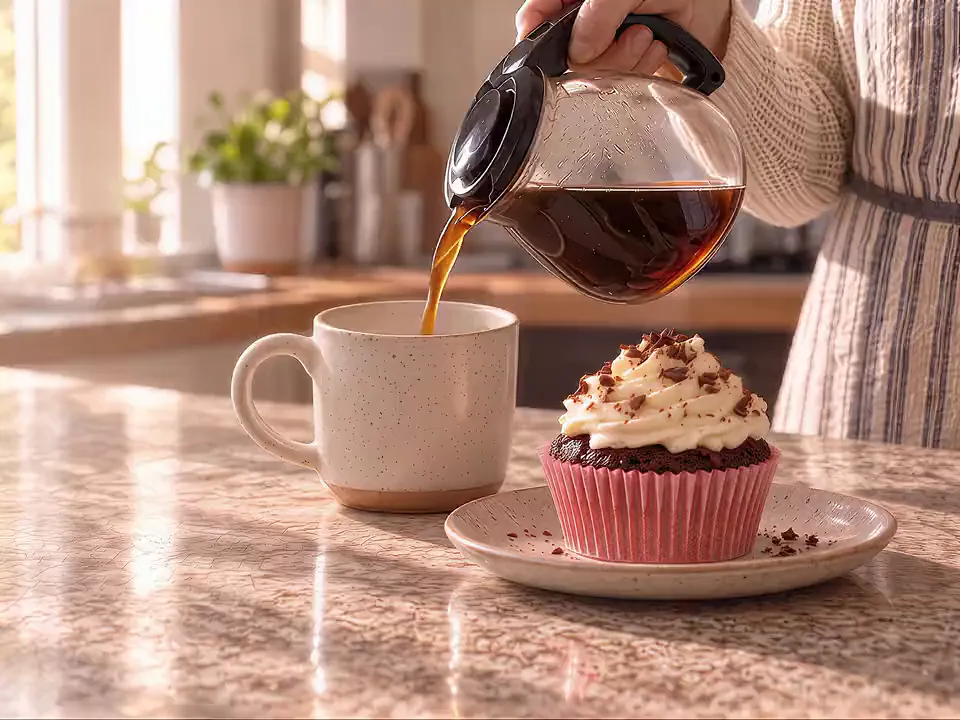 Una persona sirve café de una jarra de vidrio en una taza de cerámica, junto a un cupcake de chocolate